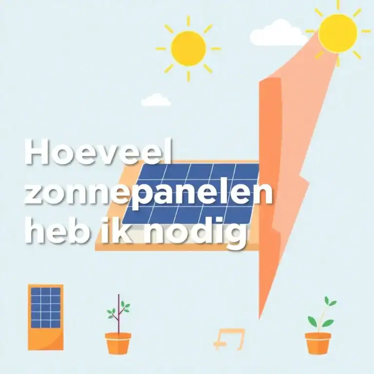 Afbeelding van zonnepanelen op een dak in de zon, met de Nederlandse tekst „Hoeveel zonnepanelen heb ik nodig.“ Op een lichtblauwe achtergrond met wolken en de zon zijn twee potplanten, een zonnepaneel en een stekkerpictogram te zien.