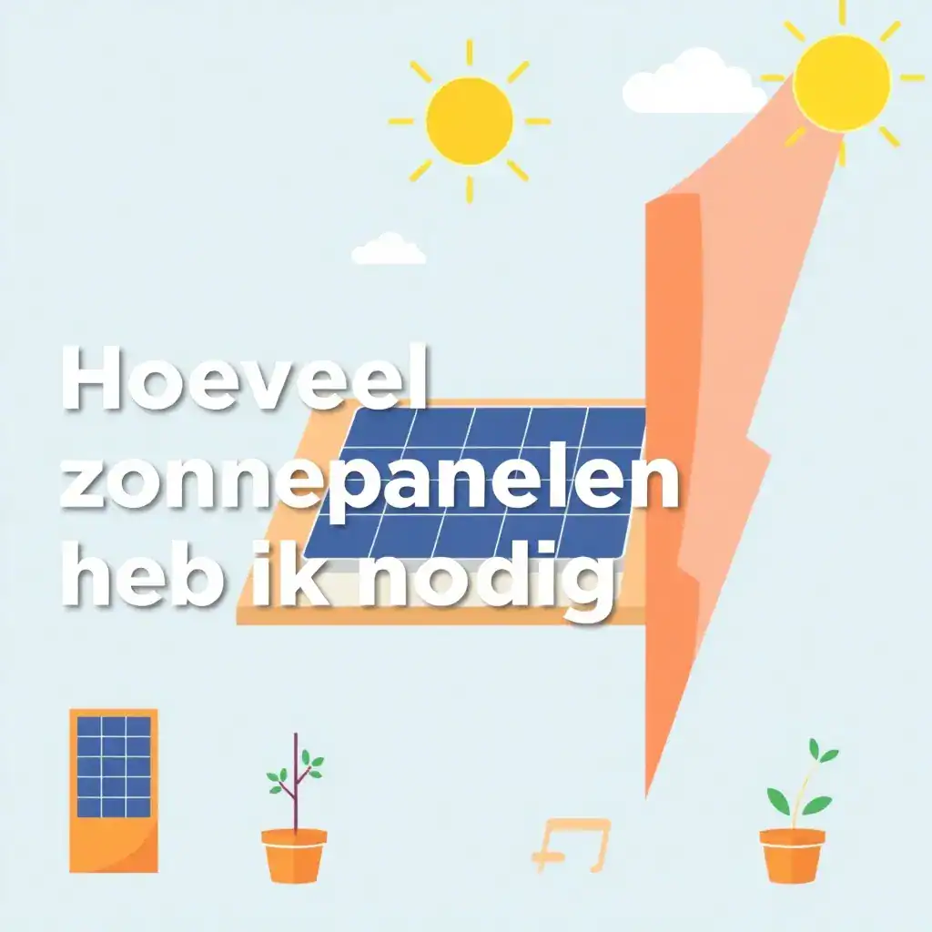 Afbeelding van zonnepanelen op een dak in de zon, met de Nederlandse tekst „Hoeveel zonnepanelen heb ik nodig.“ Op een lichtblauwe achtergrond met wolken en de zon zijn twee potplanten, een zonnepaneel en een stekkerpictogram te zien.
