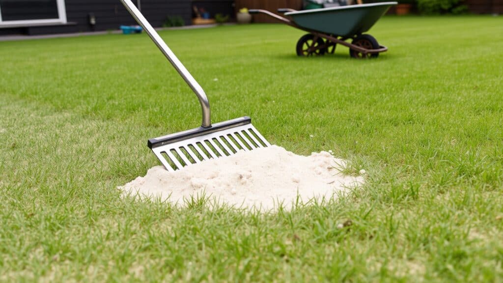 Een dunne laag zand wordt met een gazonrakel over een lage plek in het gras uitgetrokken, kruiwagen op de achtergrond