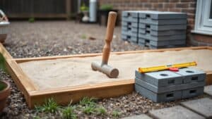 Handstamper op een zandbed tussen houten kantplanken in een kleine achtertuin, met een stapel betontegels ernaast