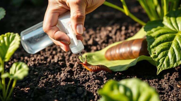 Tuinier sproeit biologische aaltjes op de grond in een Nederlandse tuin om naaktslakken te bestrijden.