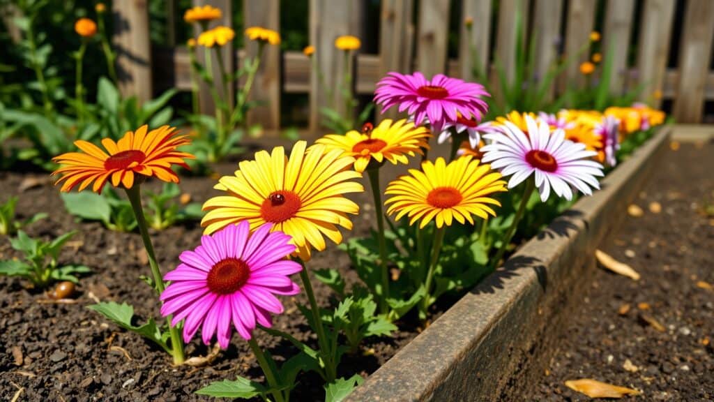 Afrikaantjes in een Nederlandse tuin met lieveheersbeestjes op de bloemen en een slak in de grond.