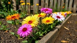 Afrikaantjes in een Nederlandse tuin met lieveheersbeestjes op de bloemen en een slak in de grond.