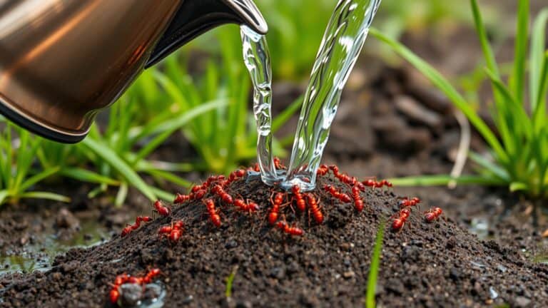 Kokend water wordt over een mierenhoop in een Nederlandse tuin gegoten om het nest te bestrijden.