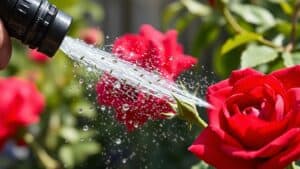 Tuinier spoelt bladluizen van een rode rozenstruik af met een waterstraal in de tuin.