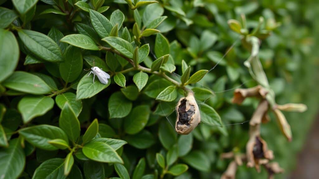 Buxusmot en rupsenweb op een bruin geworden buxusheg in een Nederlandse tuin.