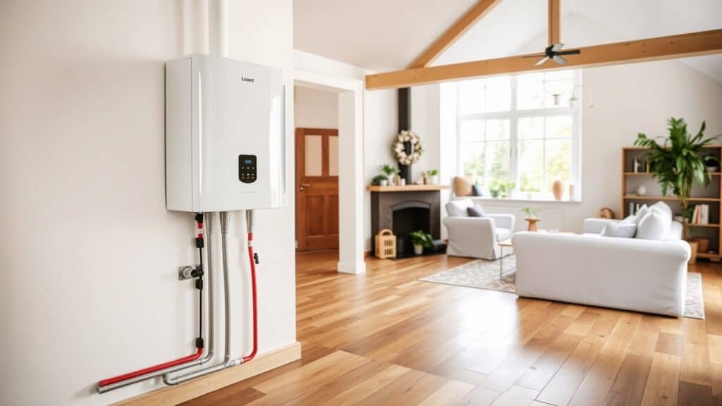 CV-ketel met leidingen naar vloerverwarming in een Nederlandse woning met houten vloer.
