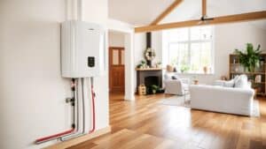 CV-ketel met leidingen naar vloerverwarming in een Nederlandse woning met houten vloer.