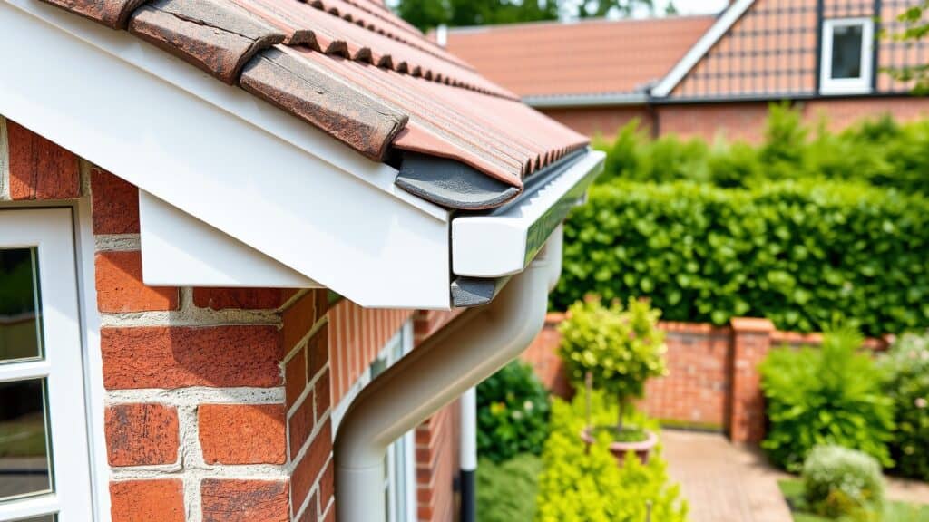 Naadloze aluminium dakgoot met strakke hoekverbinding op een Nederlandse bakstenen gevel.