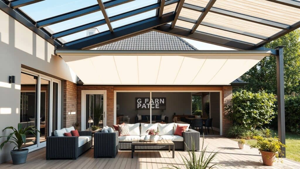 Moderne veranda met bioclimatisch dak in een Nederlandse tuin met tuinmeubels.
