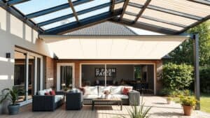 Moderne veranda met bioclimatisch dak in een Nederlandse tuin met tuinmeubels.