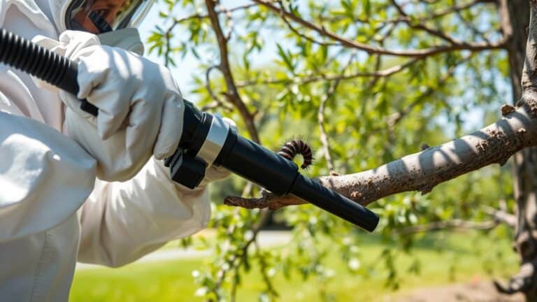 Persoon in beschermende kleding zuigt eikenprocessierups van een eikenboom in een Nederlandse tuin.