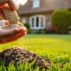 Hand strooit najaarsmest over een groen gazon in een Nederlandse tuin bij schemerlicht.