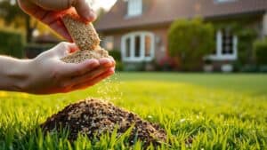 Hand strooit najaarsmest over een groen gazon in een Nederlandse tuin bij schemerlicht.