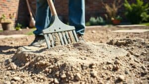 Werknemer mengt zand met cement met een hark in een Nederlandse tuin voor een stabiele terrasbasis.