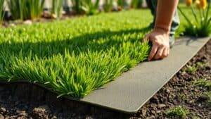 Persoon die een groene grasmattenrol uitrolt op de aarde in een Nederlandse tuin.