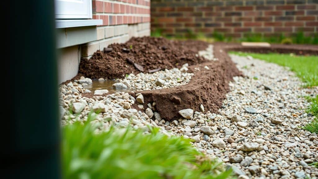 Grindbak met losse split naast de fundering van een huis in een Nederlandse tuin, waarin regenwater wegzakt.
