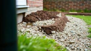 Grindbak met losse split naast de fundering van een huis in een Nederlandse tuin, waarin regenwater wegzakt.
