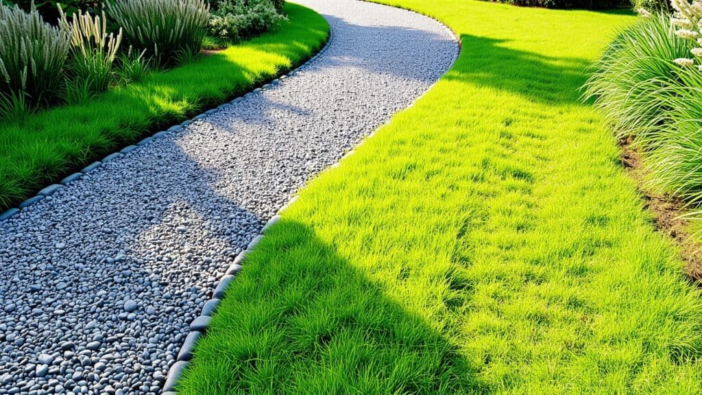 Nieuw aangelegd grindpad met basalt split in een groene Nederlandse tuin.