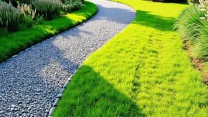 Nieuw aangelegd grindpad met basalt split in een groene Nederlandse tuin.