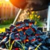 Brandende houtskool in een barbecue in een Nederlandse tuin met groen gras en een houten schutting.