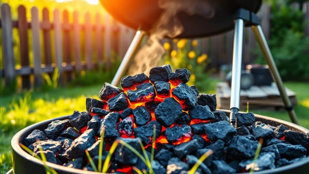 Brandende houtskool in een barbecue in een Nederlandse tuin met groen gras en een houten schutting.