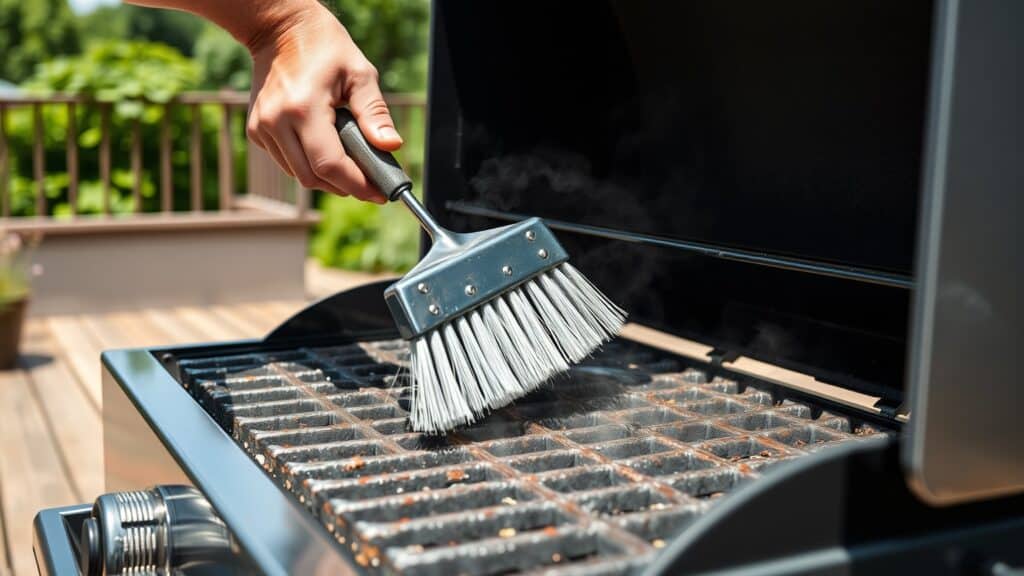 Persoon die een hete barbecue reinigt met een staalborstel in een Nederlandse tuin.
