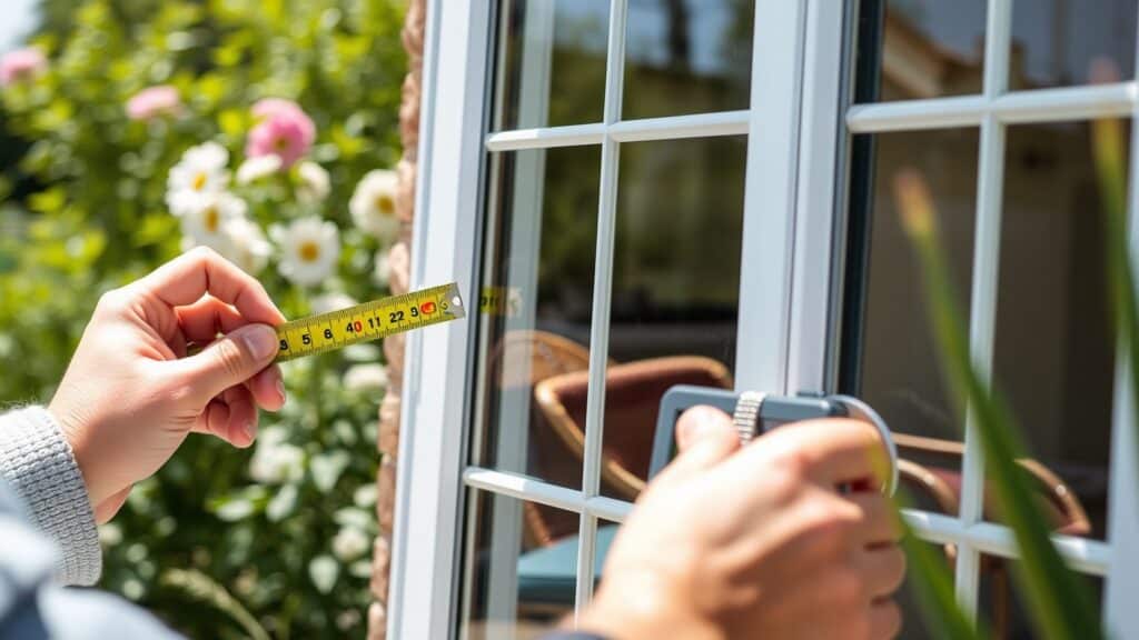 Persoon meet de binnenmaat van een kozijn met een meetlint in een Nederlandse tuin.