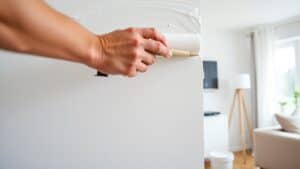 Schilder met roller en meetlint die een muur in een Nederlandse woonkamer schildert.