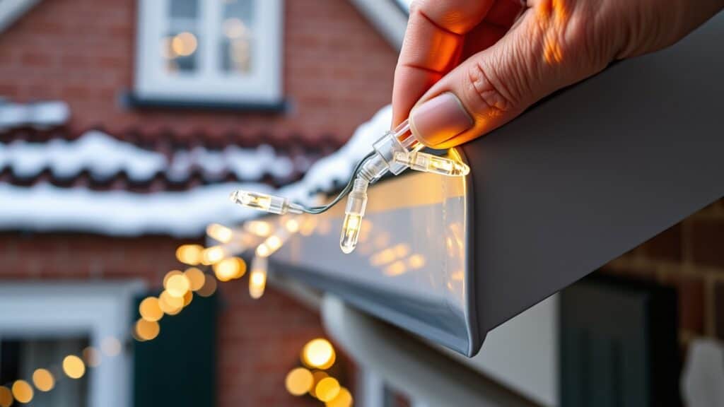 Hand bevestigt LED-kerstverlichting met een clip aan de dakgoot van een huis met sneeuw.