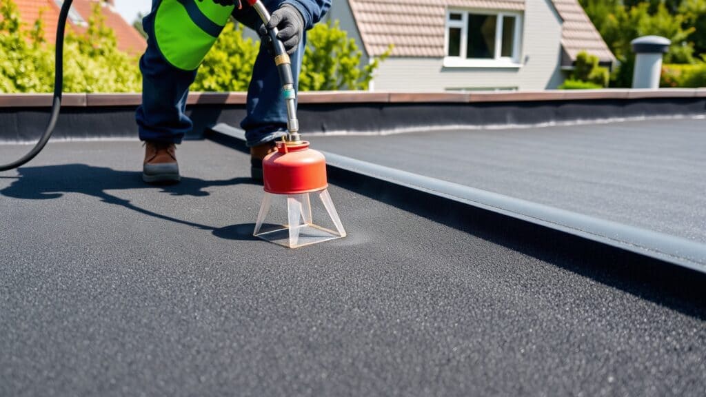 Man die bitumen dakbedekking verhit met een brander op een plat dak van een Nederlands huis.