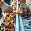 Mens die dakgoot schoonmaakt met handschoenen in een Nederlandse tuin