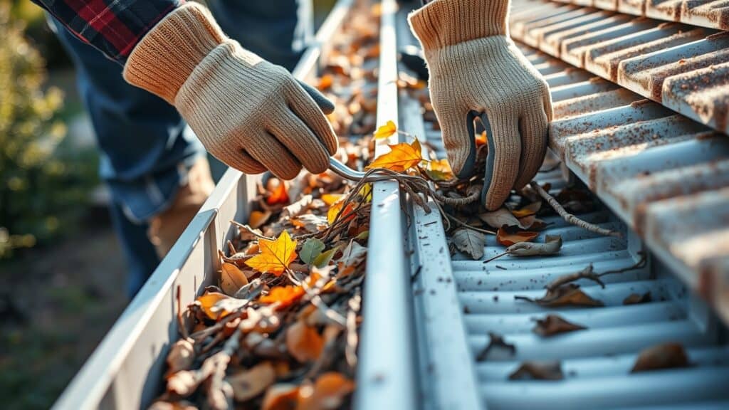 Mens die dakgoot schoonmaakt met handschoenen in een Nederlandse tuin