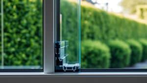 Dwarsdoorsnede van dubbelglas in een kozijn met zichtbare spouw, geplaatst in een Nederlandse tuin.