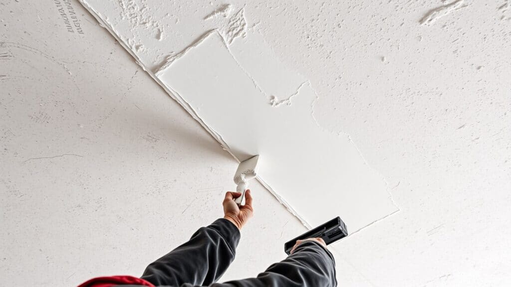 Stucadoor die een dunne laag pleister op een scheef plafond aanbrengt in een Nederlandse woning.