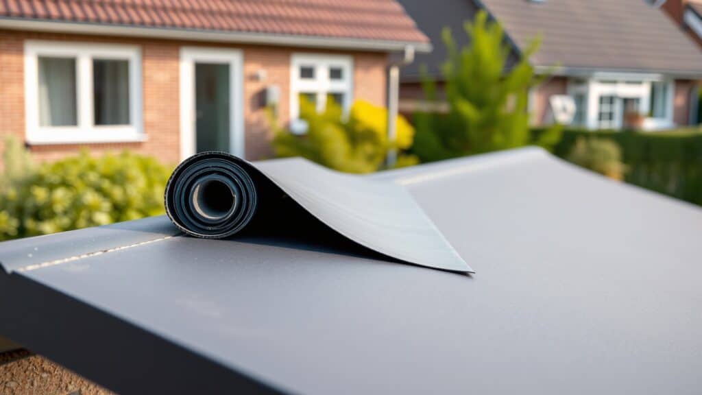 Dikte van EPDM dakbedekking van 1,5 mm op een plat dak in een Nederlandse tuin.