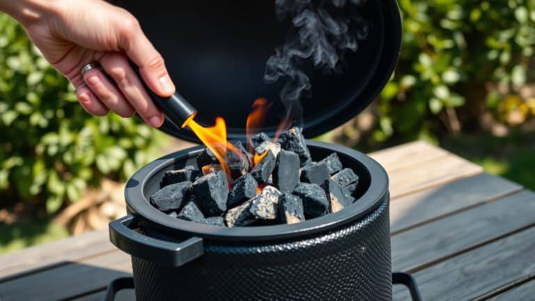 Hand steekt houtskool aan in een keramische kamado BBQ in een Nederlandse tuin.