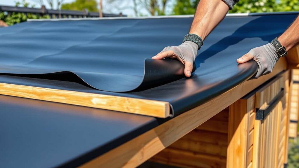 Armen die een zwarte EPDM rubberen mat uitrollen op een plat dak van een schuur in een Nederlandse tuin.