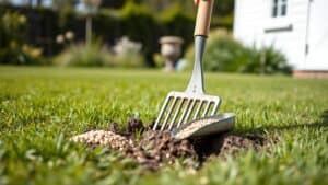 Hand die kale plek in gazon loskrabt met hark, klaar om graszaden te zaaien in Nederlandse tuin.