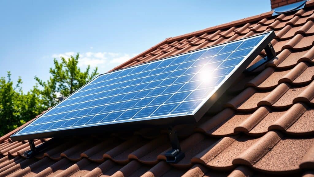 Standaard zonnepaneel op een Nederlands dak met zichtbare afmetingen en tuin op de achtergrond.