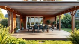 Ruim houten terras van 4 bij 4 meter in een Nederlandse tuin met eettafel en barbecue.