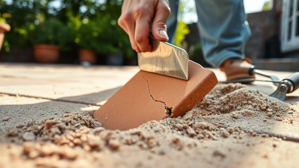 Handen die met een wipper een gebroken tegel uit het zand van een terras wippen.