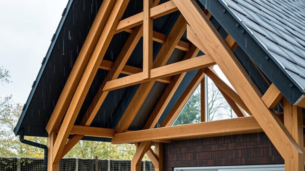 Dakconstructie met houten spanten en dakbedekking in een Nederlandse tuin.