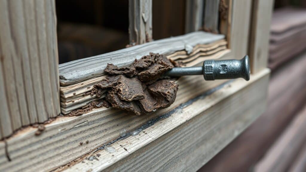 Close-up van een houten kozijn met zichtbare houtrot en een sponsachtige structuur in een Nederlandse tuin.