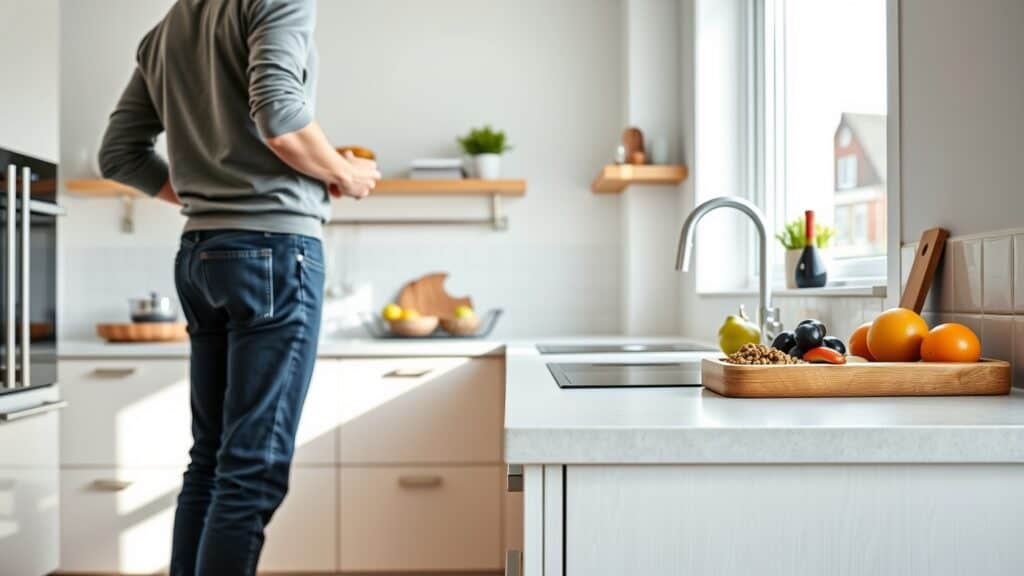 Persoon met rechte rug aan een 90 cm hoog keukenblad, ergonomisch koken om rugklachten te voorkomen.