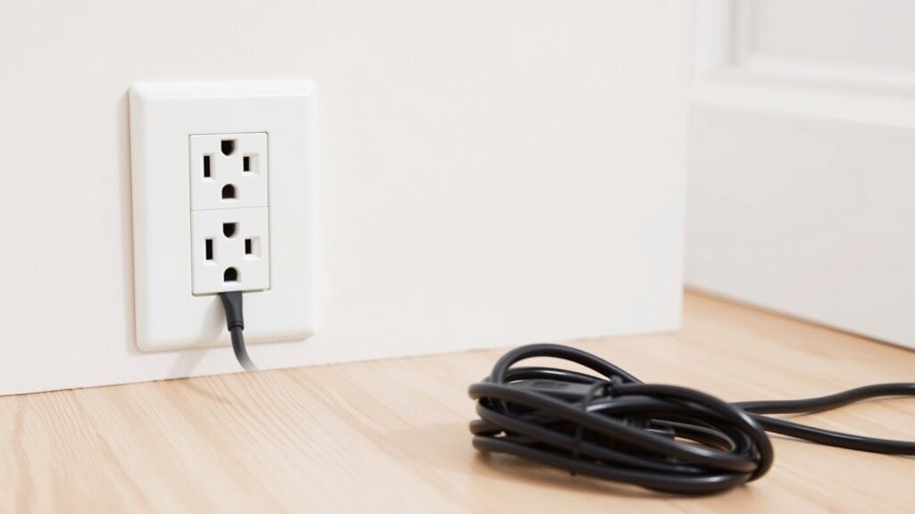 Wit stopcontact op 20 cm boven houten vloer in een moderne Nederlandse woonkamer.