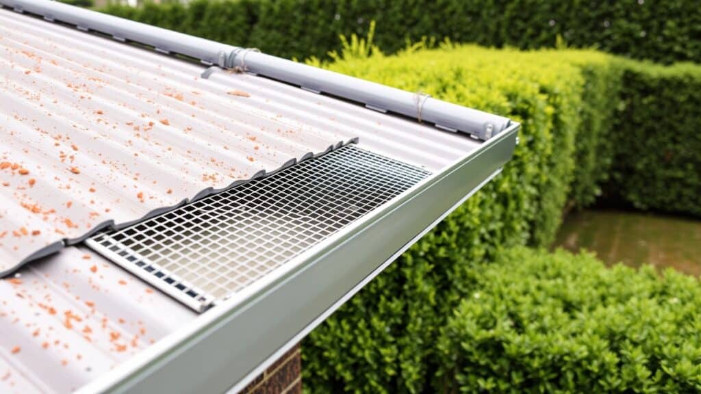 Vogelwering in een metalen dakgoot van een Nederlands huis, met een groene heg op de achtergrond.
