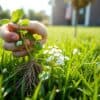 Hand die witte klaver uit een groen gazon trekt in een Nederlandse tuin.