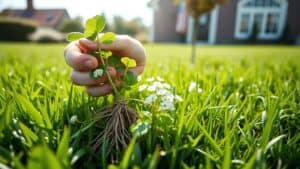 Hand die witte klaver uit een groen gazon trekt in een Nederlandse tuin.