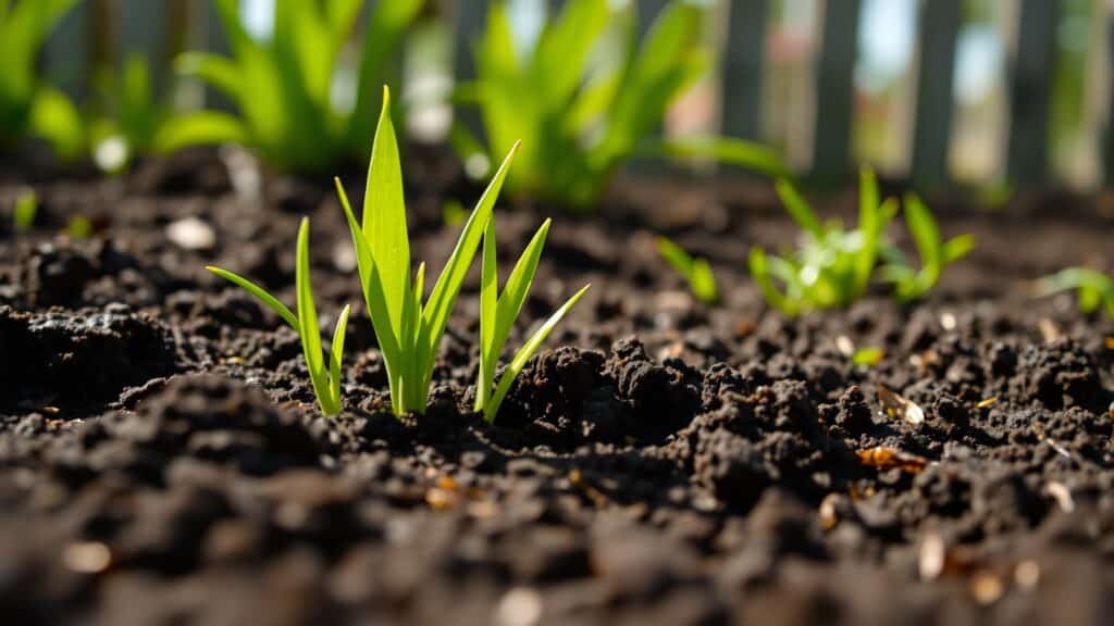Groene graszaadjes die ontkiemen in de vochtige aarde van een Nederlandse tuin.
